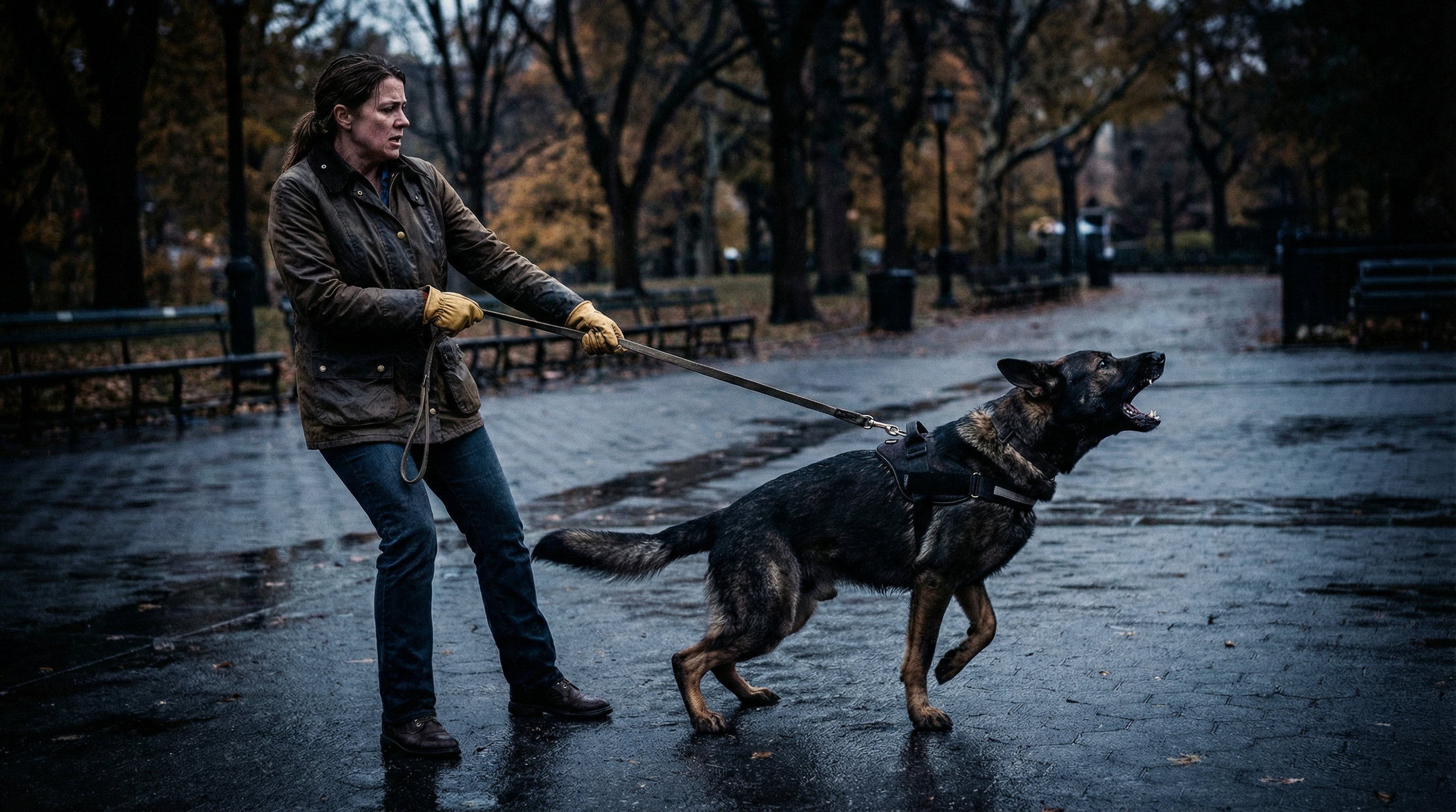 Woman struggling to hold back a reactive dog
